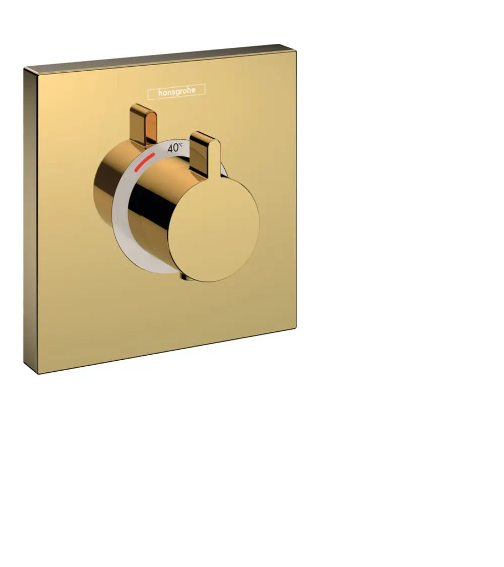 Thermostatregler in glänzendem Gold-Finish von Hansgrohe. Rundes Design mit Temperaturanzeige und zwei Bedienelementen auf quadratischer Wandplatte.
